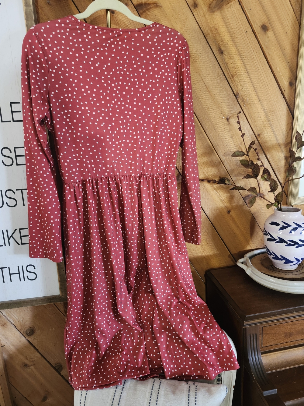 Rust Polka Dot Button Front Midi Dress Long Sleeve Pockets Size L Boho - Picture 3 of 5